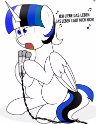 Size: 2700x3500 | Tagged: safe, artist:schwarzesskreuz, oc, oc only, oc:jett linndemann, alicorn, pony, alicorn oc, german, horn, microphone, simple background, singing, solo, white background, wings