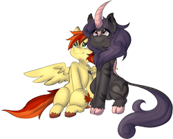 Size: 3710x2978 | Tagged: safe, artist:taymelerei, oc, oc only, oc:dazzling flash, oc:maple syrup, hybrid, kirin, pegasus, zebra, crying, explicit source, hybrid oc, jewelry, kirin oc, mapling, necklace, oc x oc, pegasus oc, shipping, simple background, sitting, tears of joy, transparent background, wings, zebra oc