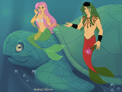 Size: 820x620 | Tagged: safe, artist:azaleasdolls, editor:jdueler11, fluttershy, sandalwood, mermaid, turtle, equestria girls, blushing, bubble, fins, flower, male, mermaid maker, mermaid tail, mermaidized, merman, mermanized, sandalshy, shipping, species swap, straight, the little mermaid, underwater