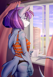 Size: 3132x4574 | Tagged: safe, artist:peachypoe, oc, oc only, oc:killi thaum, original species, shark, shark pony, black underwear, clothes, erect nipples, fins, food, mug, nipple outline, panties, tea, underwear, window