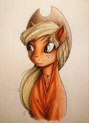 Size: 1920x2650 | Tagged: safe, artist:stevethebrony, derpibooru import, applejack, earth pony, pony, applejack's hat, beautiful, bust, cowboy hat, female, freckles, hat, mare, ponytail, portrait, smiling, solo, stetson, traditional art