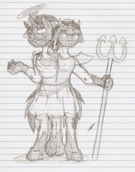 Size: 1176x1500 | Tagged: safe, artist:ravenpuff, oc, oc only, oc:black egg, oc:white snow, anthro, unguligrade anthro, conjoined, conjoined twins, halo, lined paper, monochrome, traditional art, trident