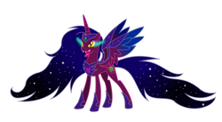 Size: 1280x700 | Tagged: safe, artist:lumi-infinite64, oc, oc only, alicorn, pony, colored wings, ethereal mane, evil, evil form, flowy mane, gradient mane, gradient wings, jewelry, oc villain, regalia, simple background, solo, transparent background, wings