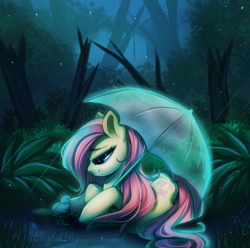 Size: 900x893 | Tagged: safe, artist:cabbage-arts, derpibooru import, fluttershy, bird, pegasus, pony, cute, female, lidded eyes, looking at someone, looking down, mare, outdoors, profile, prone, rain, shyabetes, smiling, solo, umbrella