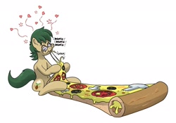 Size: 1280x895 | Tagged: safe, artist:willdabeard, oc, oc:nutmeg, oc:nutmeg rose, earth pony, pony, eating, eyes closed, food, happy, heart, micro, mushroom, olive, pizza, shrunk, simple background, smiling, solo, stuffed crust, text, tomato