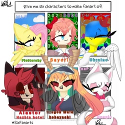 Size: 768x768 | Tagged: safe, artist:_lolitea_pop_, derpibooru import, fluttershy, human, pegasus, pony, alastor, animatronic, bust, clothes, countryhumans, crossover, doki doki literature club, female, five nights at freddy's, hazbin hotel, mangle, mare, miss kobayashi's dragon maid, sayori, six fanarts, ukraine