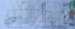 Size: 3904x1535 | Tagged: safe, oc, equestria girls, advertisement, ball, belt, car, clothes, colored pencil drawing, cone, cutie mark, cutie mark on clothes, net, roller skates, shoes, shorts, simple background, sketch, traditional art, unnamed character