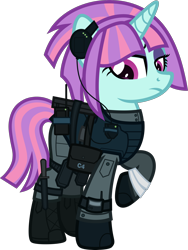Size: 2000x2656 | Tagged: safe, artist:n0kkun, sunny flare, pony, unicorn, armor, bag, bandage, belt, boots, c4, clothes, commission, equestria girls ponified, eyeshadow, female, gloves, headset, knee pads, knife, makeup, mare, mercenary, pants, ponified, radio, raised hoof, saddle bag, shoes, simple background, solo, transparent background, watch, wristwatch