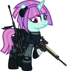 Size: 6000x6383 | Tagged: safe, alternate version, artist:n0kkun, sunny flare, pony, unicorn, ar-57, armor, assault rifle, auto-9, bag, bandage, belt, boots, c4, clothes, cobra assault cannon, commission, equestria girls ponified, eyeshadow, female, gloves, gun, handgun, headset, knee pads, knife, makeup, mare, mercenary, pants, pistol, ponified, radio, raised hoof, rifle, robocop, saddle bag, shoes, simple background, solo, transparent background, watch, weapon, wristwatch