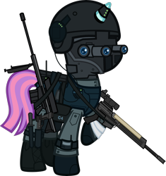 Size: 6000x6385 | Tagged: safe, alternate version, artist:n0kkun, sunny flare, pony, unicorn, ar-57, armor, assault rifle, auto-9, bag, bandage, belt, boots, c4, clothes, cobra assault cannon, commission, equestria girls ponified, eyeshadow, female, gloves, goggles, gun, handgun, headset, helmet, knee pads, knife, makeup, mare, mask, mercenary, night vision goggles, pants, pistol, ponified, radio, raised hoof, rifle, robocop, saddle bag, shoes, simple background, solo, transparent background, watch, weapon, wristwatch