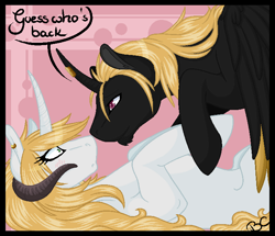 Size: 694x597 | Tagged: safe, artist:theblackcatstale, oc, oc only, oc:july winters, alicorn, demon, demon pony, original species, pony, abstract background, alicorn oc, curved horn, female, horn, looking at each other, male, mare, on back, stallion, wide eyes, ych result