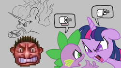 Size: 1920x1080 | Tagged: safe, artist:ponyhell, spike, twilight sparkle, human, pony, angry, atg 2020, food, mane of fire, newbie artist training grounds, pineapple, pizza, rollercoaster tycoon, toilet paper