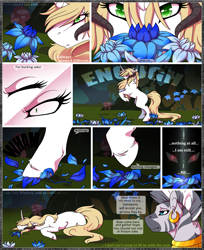 Size: 1917x2355 | Tagged: safe, artist:theblackcatstale, zecora, oc, oc:july winters, demon, demon pony, original species, zebra, comic, dialogue, ear piercing, earring, eyes closed, female, flower, horn, jewelry, multiple horns, neck rings, piercing, poison joke, prone, solo, wide eyes