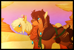 Size: 1550x1050 | Tagged: safe, artist:theblackcatstale, oc, oc only, earth pony, pony, clothes, desert, duo, ear piercing, earring, earth pony oc, jewelry, male, necklace, piercing, stallion