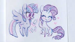 Size: 1200x670 | Tagged: safe, artist:dawnfire, derpibooru import, rarity, twilight sparkle, twilight sparkle (alicorn), alicorn, pony, unicorn, commission, female, heart, lesbian, rarilight, shipping, traditional art