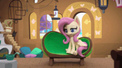Size: 800x450 | Tagged: safe, derpibooru import, screencap, fluttershy, butterfly, pegasus, pony, fluttershy's hiccups, my little pony: pony life, my little pony: stop motion short, animated, bird feeder, blinking, cage, chair, cute, eyes closed, fluttershy's cottage (interior), gif, happy, hiccup, looking at something, pillow, sad, solo, stop motion, window