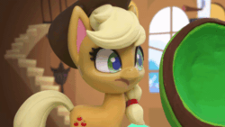 Size: 800x450 | Tagged: safe, derpibooru import, screencap, applejack, earth pony, pony, fluttershy's hiccups, my little pony: pony life, my little pony: stop motion short, animated, applejack's hat, cowboy hat, fluttershy's cottage (interior), gif, hat, hoof on chin, smiling, solo, stairs, stop motion, thinking, window