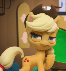Size: 415x450 | Tagged: safe, derpibooru import, screencap, applejack, earth pony, pony, fluttershy's hiccups, my little pony: pony life, my little pony: stop motion short, animated, applejack's hat, cowboy hat, cropped, fluttershy's cottage (interior), gif, hat, mischevious, narrowed eyes, plotting, smiling, sneaky, solo, stop motion, thinking