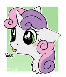 Size: 1210x1396 | Tagged: safe, artist:trickate, sweetie belle, pony, unicorn, :p, abstract background, blushing, bust, chest fluff, cute, diasweetes, ear fluff, female, filly, floppy ears, portrait, rcf community, solo, tongue out