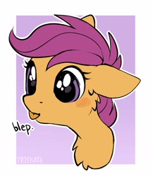 Size: 1210x1396 | Tagged: safe, artist:trickate, scootaloo, pegasus, pony, :p, abstract background, blushing, bust, cheek fluff, chest fluff, cute, cutealoo, ear fluff, female, filly, floppy ears, huge eyes, portrait, rcf community, solo, tongue out