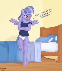 Size: 2363x2700 | Tagged: safe, artist:deserter, artist:tolpain, wind sprint, anthro, pegasus, plantigrade anthro, collaboration, barefoot, bedroom, blushing, clothes, crossed arms, dialogue, feet, female, filly, food, freckles, muffin, older, panties, ribbon, solo, unamused, underwear, white underwear, wind sprint is not amused