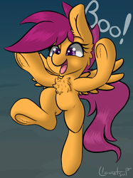 Size: 1551x2076 | Tagged: safe, artist:llametsul, scootaloo, pegasus, pony, boo, chest fluff, cute, cutealoo, ear fluff, hoof fluff, newbie artist training grounds, open mouth, simple background, smiling, underhoof, wings