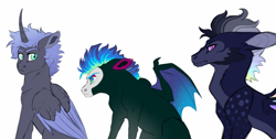 Size: 5187x2616 | Tagged: safe, artist:venommocity, oc, oc only, oc:glowstik, oc:khaleesi, oc:panther, alicorn, bat pony, pony, bat pony oc, bat wings, interspecies offspring, male, offspring, parent:discord, parent:king sombra, parent:princess luna, parent:rainbow dash, parent:trixie, parents:discodash, parents:lumbra, simple background, stallion, white background, wings