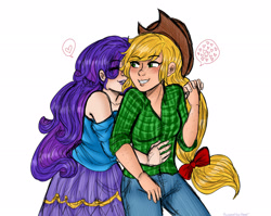 Size: 2048x1631 | Tagged: safe, artist:theeyeofthetigger, derpibooru import, applejack, rarity, human, female, holding hands, humanized, lesbian, rarijack, shipping