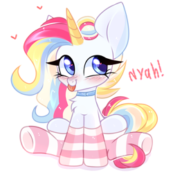 Size: 4000x4000 | Tagged: safe, artist:pesty_skillengton, oc, oc only, pony, unicorn, chest fluff, chibi, clothes, cute, female, mare, socks, solo, striped socks, tongue out