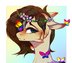 Size: 1637x1427 | Tagged: safe, artist:sweetmelon556, oc, oc:fianna, butterfly, pony, bisexual pride flag, bust, female, mare, portrait, pride, pride flag, solo