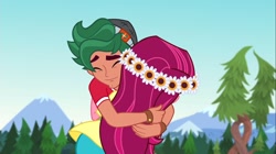 Size: 1100x618 | Tagged: safe, screencap, gloriosa daisy, timber spruce, equestria girls, legend of everfree, eyes closed, female, hug, male, smiling