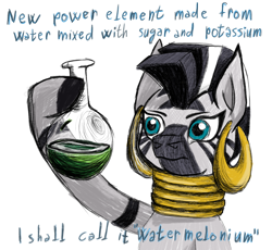 Size: 2608x2403 | Tagged: safe, artist:khaki-cap, zecora, zebra, colored, digital art, ear piercing, earring, flask, jewelry, mane, meme, neck rings, piercing, rhyme, sketch, text, watermelonium