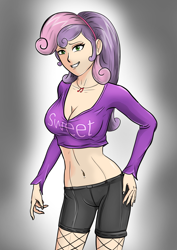 Size: 4961x7016 | Tagged: safe, artist:symptom99, sweetie belle, human, equestria girls, belly button, breasts, cleavage, female, fishnet stockings, humanized, jewelry, midriff, necklace, older, older sweetie belle, solo, sweetie boobs