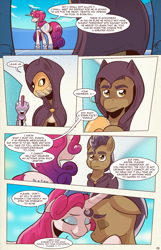 Size: 1253x1950 | Tagged: safe, artist:saturdaymorningproj, princess amore, oc, oc:lord suinda, earth pony, pony, unicorn, comic:i await a guardian, benevolent, cloak, clothes, comic, crown, duo focus, eyes closed, eyeshadow, female, floppy ears, forehead touch, hoof on cheek, jewelry, love, makeup, male, mare, mask, plot, regalia, royal guard, sad smile, speech bubble, stallion, worried