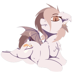 Size: 1500x1500 | Tagged: safe, artist:rhythmpixel, oc, oc only, oc:mookah, bat pony, belly button, chest fluff, ear fluff, female, lineless, looking at you, lying down, mare, simple background, solo, transparent background, wings