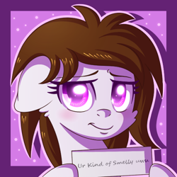 Size: 500x500 | Tagged: safe, artist:arastane-siryphia, oc, oc:kumikoshy, pony, blushing, solo, text, uwu