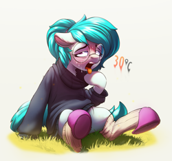 Size: 2423x2266 | Tagged: safe, artist:rexyseven, oc, oc only, oc:whispy slippers, earth pony, pony, blushing, clothes, female, glasses, grass, mare, open mouth, ponytail, sitting, slippers, socks, solo, sweat, sweater, tongue out