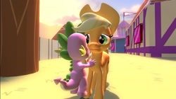 Size: 1024x575 | Tagged: safe, artist:undeadponysoldier, derpibooru import, applejack, spike, dragon, earth pony, pony, 3d, applejack's hat, cowboy hat, cute, daaaaaaaaaaaw, female, gmod, hat, hug, mare, spikelove, tree