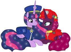 Size: 1398x1016 | Tagged: safe, artist:徐詩珮, fizzlepop berrytwist, princess twilight 2.0, tempest shadow, twilight sparkle, twilight sparkle (alicorn), alicorn, pony, series:sprglitemplight diary, series:sprglitemplight life jacket days, series:springshadowdrops diary, series:springshadowdrops life jacket days, the last problem, alicornified, alternate universe, base used, chase (paw patrol), clothes, cute, female, lesbian, marshall (paw patrol), older, older tempest shadow, older twilight, paw patrol, race swap, shipping, simple background, tempesticorn, tempestlight, transparent background, ultimate twilight