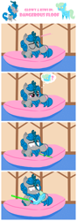 Size: 3840x10873 | Tagged: safe, artist:akififi, oc, oc:kiwi, oc:sea glow, kirin, pony, comic, duo, fluffy, gasp, gasping, male, pillow, pointy ponies, silly, sleeping, smiling, stallion, waking up