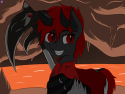 Size: 4096x3072 | Tagged: safe, artist:terminalhash, oc, demon, demon pony, original species, pony, cave, horn, lava, multiple horns, ponified, red and black oc, red eyes, request, slit eyes, solo, toram online