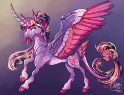 Size: 2740x2108 | Tagged: safe, artist:pegasus004, twilight sparkle, twilight sparkle (alicorn), alicorn, classical unicorn, pony, :p, alternate hairstyle, bun hairstyle, cloven hooves, colored hooves, colored wings, curved horn, female, horn, leonine tail, looking at you, mare, multicolored wings, rainbow power, redesign, solo, spread wings, tail feathers, tongue out, unshorn fetlocks, wing claws, wings