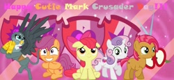 Size: 1280x587 | Tagged: safe, artist:lachlancarr1996, apple bloom, babs seed, gabby, scootaloo, sweetie belle, adorababs, adorabloom, bow, cmc day, cute, cutealoo, cutie mark, cutie mark crusader day, cutie mark crusaders, diasweetes, gabbybetes, hair bow, text, the cmc's cutie marks