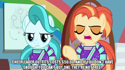 Size: 1280x720 | Tagged: safe, edit, edited screencap, editor:jaredking203, screencap, lighthoof, shimmy shake, earth pony, pony, 2 4 6 greaaat, caption, cheerleader outfit, clothes, duo, female, image macro, mare, meme, text