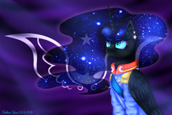 Size: 3600x2400 | Tagged: safe, artist:brilliant-luna, nightmare moon, alicorn, pony, clothes, commander, ear fluff, ear piercing, ethereal mane, female, flag, lineless, new lunar empire, piercing, serious, serious face, solo, starry mane, uniform