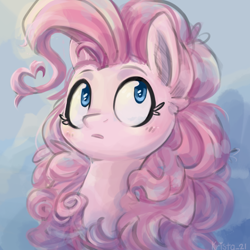 Size: 900x900 | Tagged: safe, artist:krista-21, derpibooru import, pinkie pie, earth pony, pony, blue background, bust, female, mare, portrait, simple background, solo