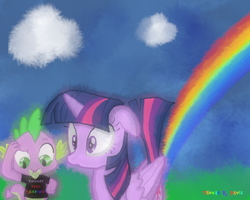 Size: 720x576 | Tagged: safe, artist:thomasriordan, spike, twilight sparkle, twilight sparkle (alicorn), alicorn, dragon, pony, clothes, fart, female, male, mare, rainbow, rainbow fart, raised tail, shirt, surprised, tail, wide eyes