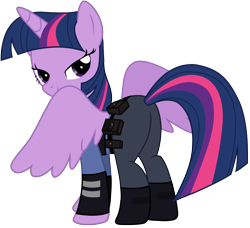 Size: 7825x7137 | Tagged: safe, artist:ejlightning007arts, twilight sparkle, twilight sparkle (alicorn), alicorn, pony, absurd resolution, butt, clothes, cosplay, costume, disney, female, judy hopps, looking at you, police officer, simple background, smiling, solo, spread wings, transparent background, twibutt, wings, zootopia