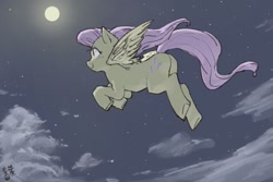 Size: 1800x1200 | Tagged: safe, artist:yanamosuda, derpibooru import, fluttershy, pegasus, pony, blushing, female, flying, full moon, looking away, mare, moon, night, sky, smiling, solo, spread wings, stars, three quarter view, underhoof, wings