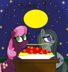 Size: 1280x1348 | Tagged: safe, artist:horroraceman93, cheerilee, marble pie, female, lady and the tramp, lesbian, marbilee, night, pride month, shipping, spaghetti scene